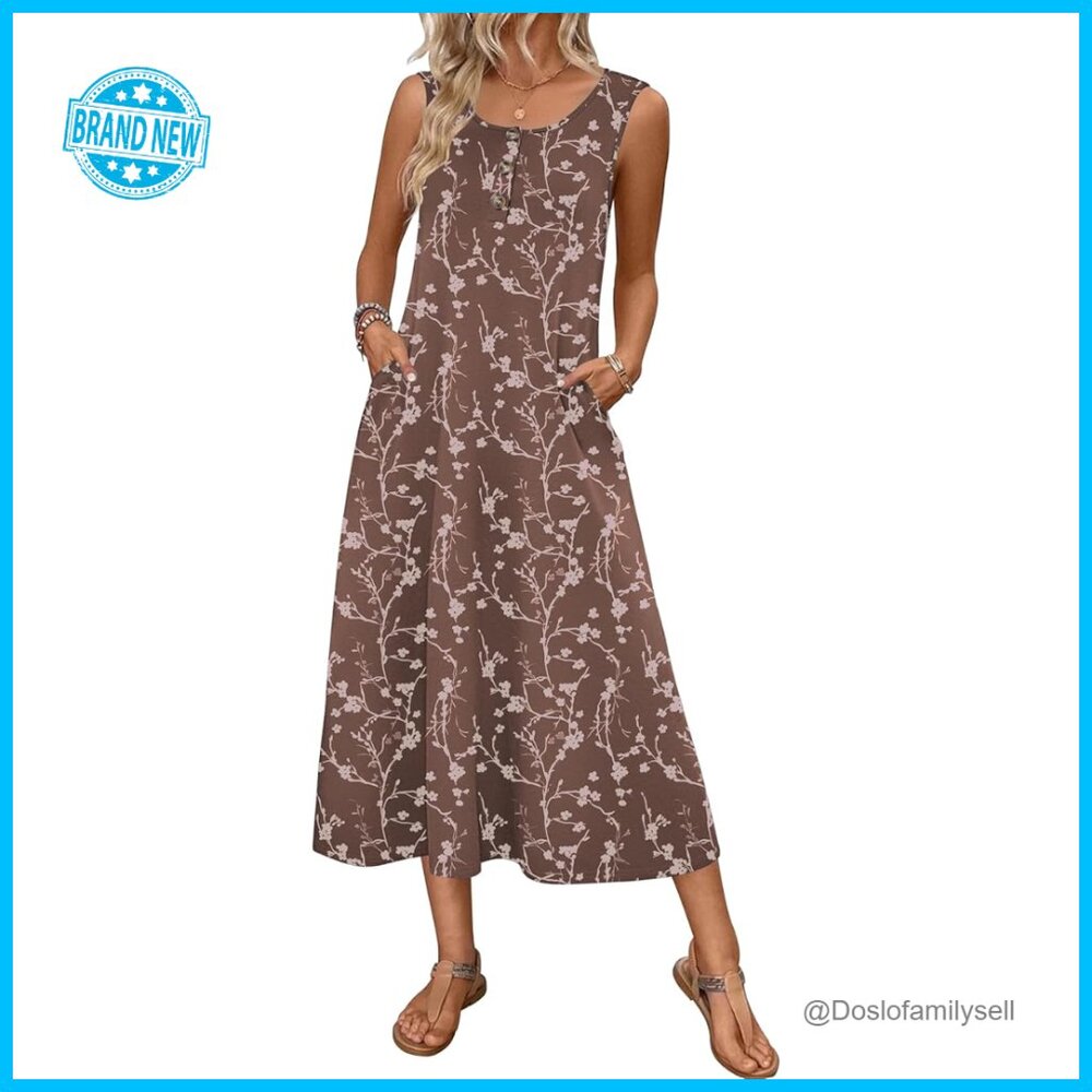 Sleeveless Midi Sundress With Pockets Casual Boho Beachy A-Line Flowy